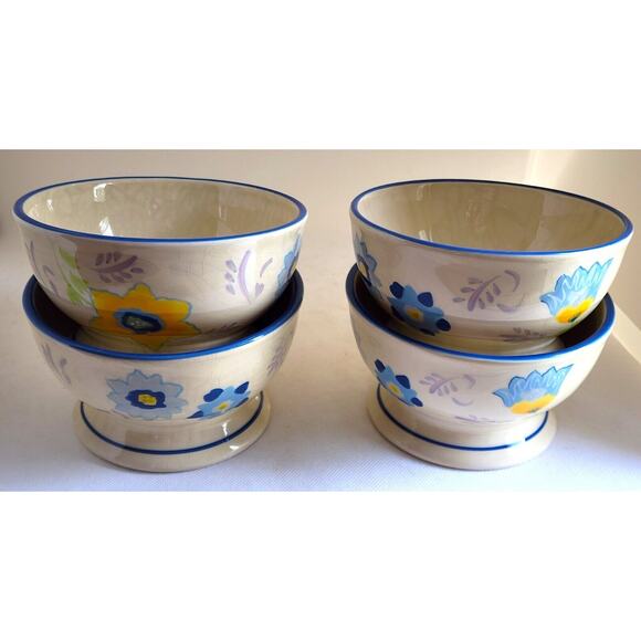 BOWLS-KIMBERLY HODGES-Hallmark-Cereal/Soup/Noodle-Blue-Light Cream-Footed-Set 4 - Picture 9 of 12